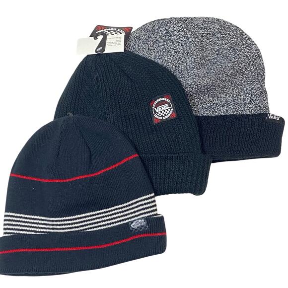 Vans Off The Wall Beanie Cuff Knit Black Gray Red Cap Hat Cotton Unisex Lot of 3 - Picture 1 of 12